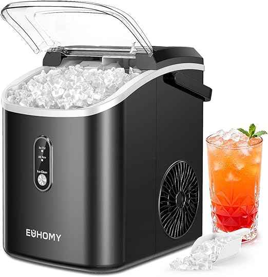 EUHOMY Nugget Ice Maker Countertop with Handle, Ready in 6 Mins, 34lbs Per Day, Removable Top Cover, Self-Cleaning, Portable Sonic Ice Maker with Basket and Scoop, for Home/Party/RV/Camping(Black)