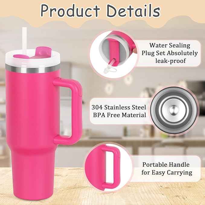4 Pack 40 Oz Tumblers with Handle Bulk, Double Wall Vacuum Insulated Stainless Steel Tumblers with Lid and Straw, 40 oz Cup with Silicone Spill Proof Stopper Set (Black-2,Hot Pink-2)