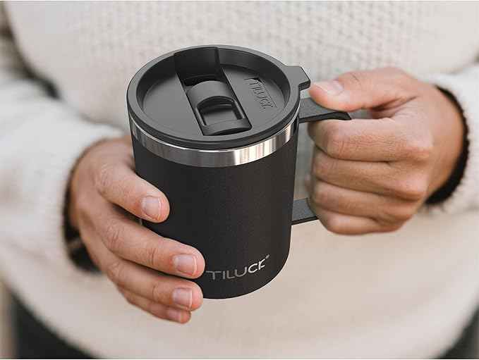 TILUCK 12 oz Insulated Coffee Mug with Lid, Double Wall Vacuum Insulated Travel Mug Cup with Handle for Hot or Cold Drinks（12oz，Matte Black）