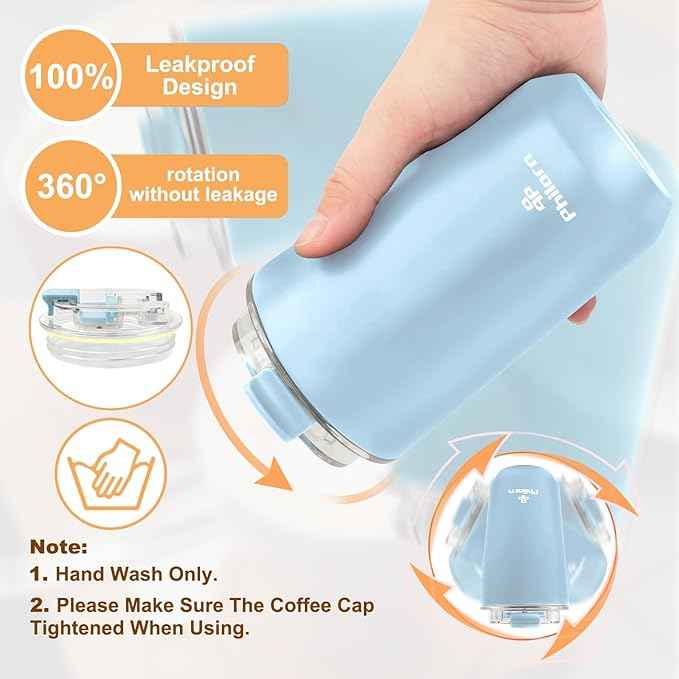 PHILORN Travel Coffee Mug 12 OZ Tumbler, Insulated Coffee Mug with Lid, Coffee Thermos for Hot & Cold Drinks, Leak Proof Coffee Tumbler with Double Wall (LIGHT BLUE)