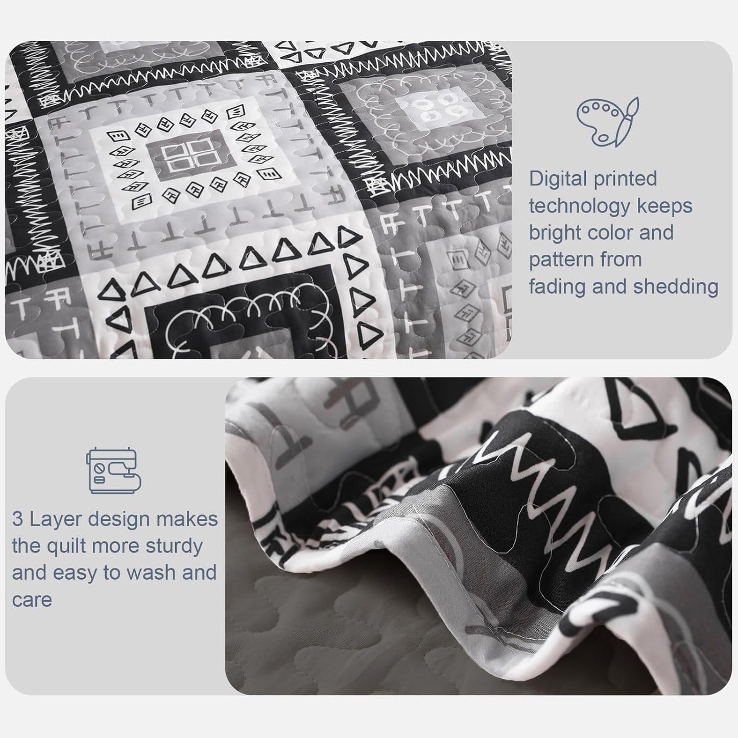 Exclusivo Mezcla Reversible Boho Quilt Set King Size, 3 Pieces Patchwork Black All Season Bedspreads, Ultra Soft Floral Coverlet Bedding Set with Printed Pattern (1 Quilt, 2 Pillow Shams)