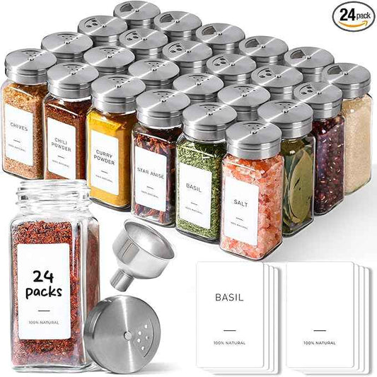 ComSaf Spice Jars with Shaker lids Adjustable, 4oz 24PCS，45 Labels, Comdiment Jars Set, Empty Spice Containers and Square Ingredient Bottles for Kitchen and Seasoning, Bulk Salt and Pepper Shaker Set