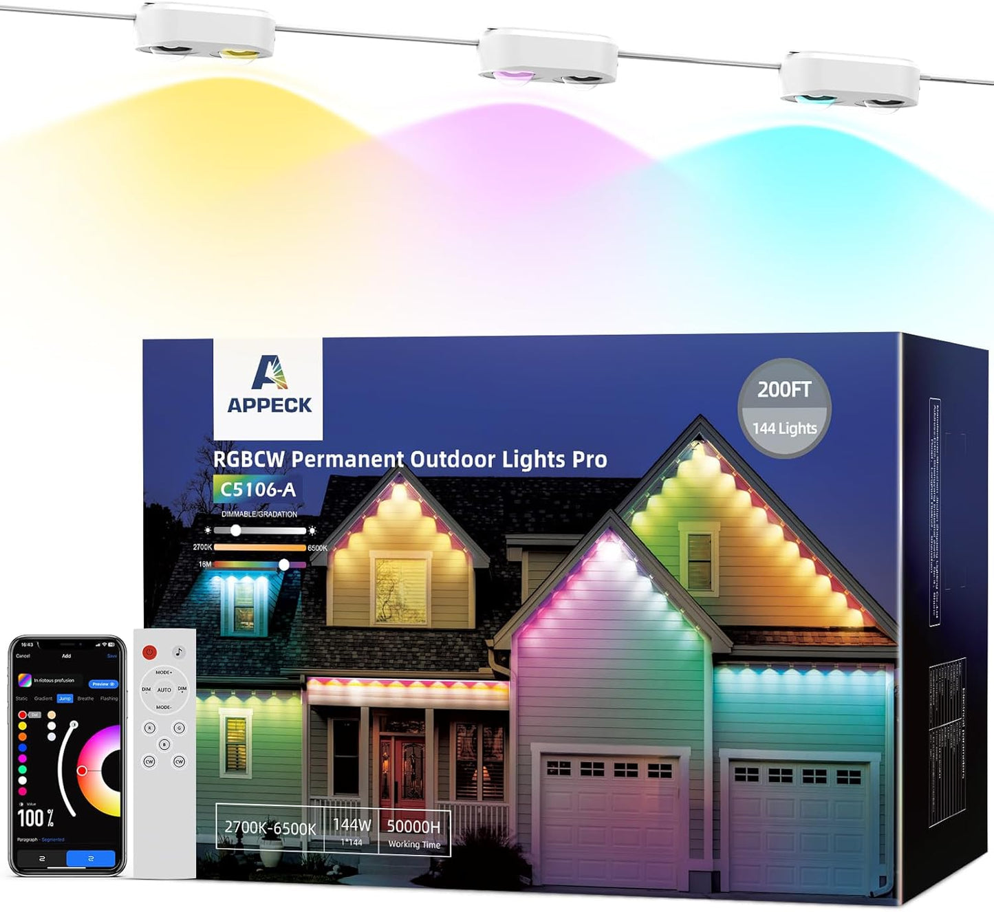 Permanent Outdoor Lights Pro 200ft, RGBCW Smart Eaves Lights with 144 LED Lights, Dual Lens, Cuttable, 111 Scene Modes, IP67 Waterproof Lighting for Holiday Decoration, Work with Alexa, White