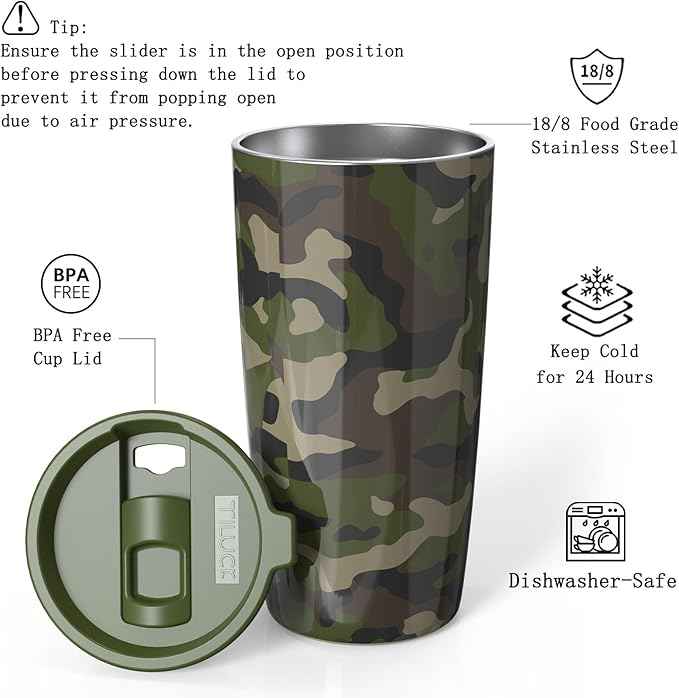 TILUCK 20 oz Insulated Tumbler with BPA-Free Lid, Stainless Steel Vacuum Travel Coffee Mug, Double Wall Coffee Tumbler（20oz，Camouflage）