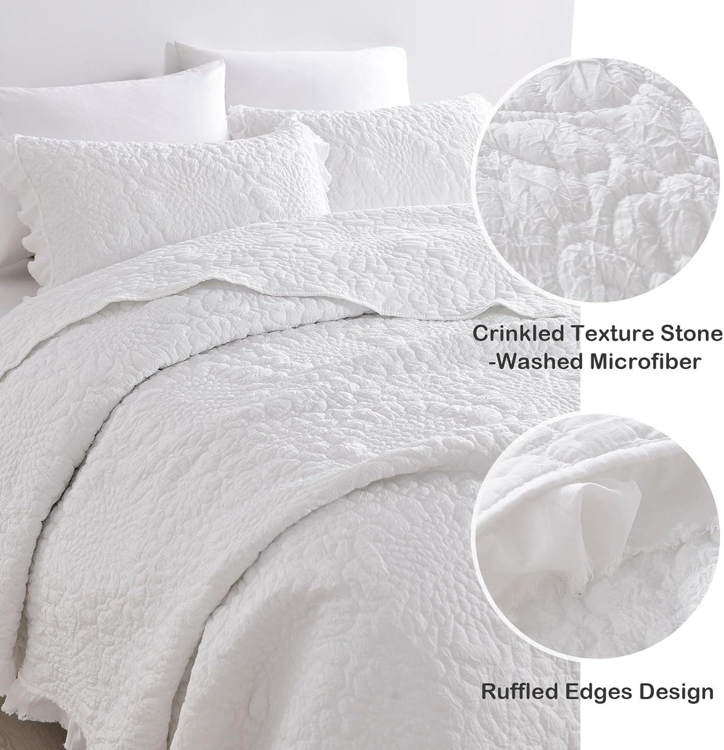 HORIMOTE HOME White Ruffled Quilt King Size, Stone-Washed Microfiber Lightweight Crinkled Farmhouse Rustic Shabby Chic Bedding Set, 3 Pieces Reversible Bedspread with Pillow Shams for All Season