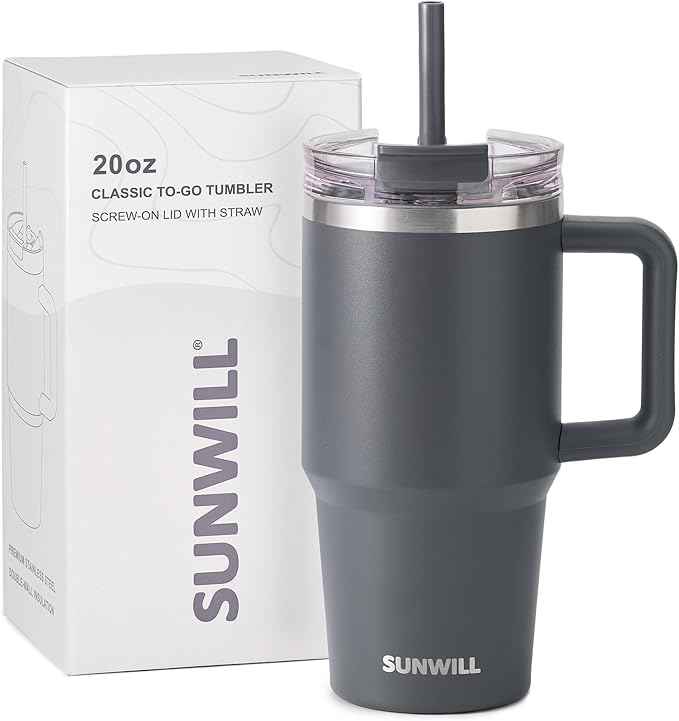 SUNWILL Coffee Tumbler with Handle, 20 oz Travel Mug with Lid and Straw Insulated, Stainless Steel Cup Leak Proof for Travel & Outdoor, Cupholder Friendly, Powder Coated Charcoal