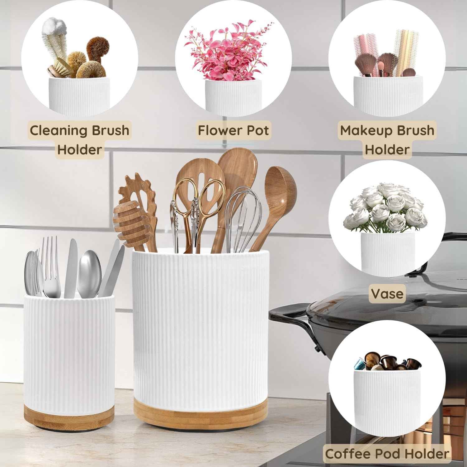 2 Pack Ceramic Utensil Holder, 7.3"+5.4" Large kitchen utensils holder for Countertop, 360° Rotating Cooking Utensil Crock for Kitchen Counter with Detachable Wooden Base, Kitchen Décor