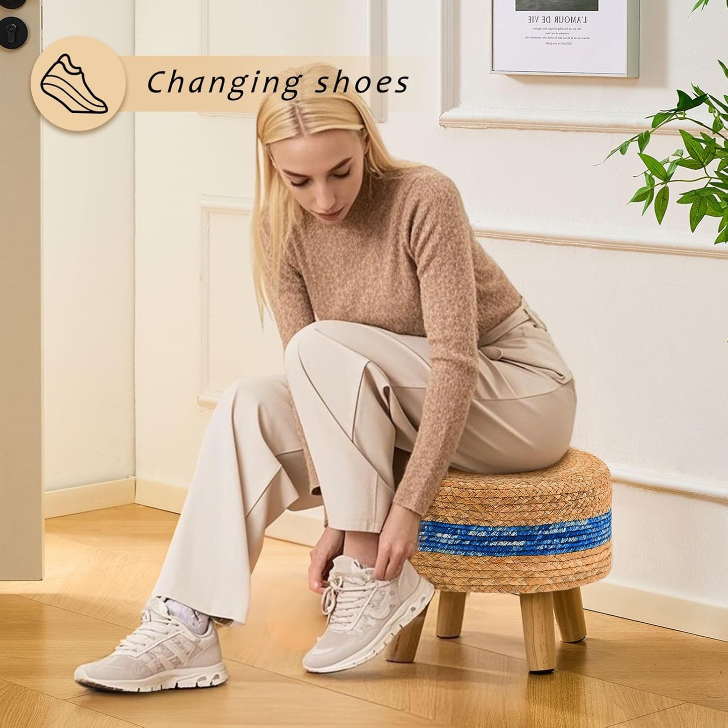 Handwoven Round Ottoman, Natural Water Hyacinth Outdoor Patio Pouf Seagrass Low Stool with Wood Legs, Soft Padded Footrest for Living Room Bedroom Garden, Blue