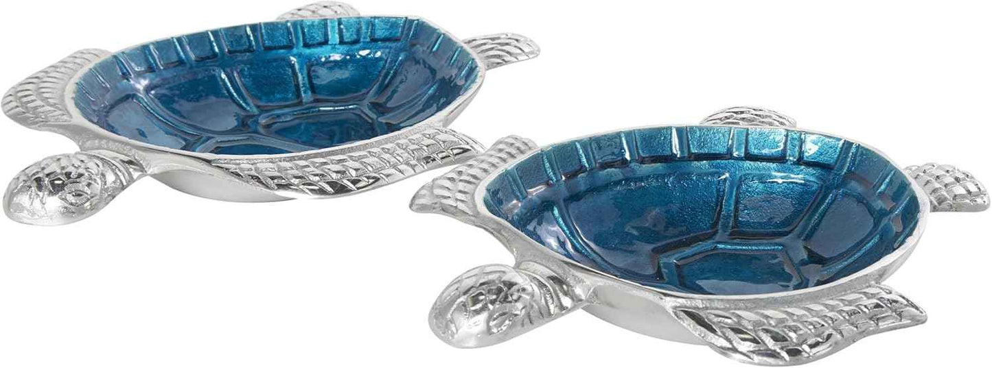 Deco 79 Aluminum Metal Turtle Decorative Bowl Decorative Bowl Enameled Decorative Containers with Silver Metal Exterior, Set of 2 Decorative Keepsake Boxes 10", 8"W, Blue