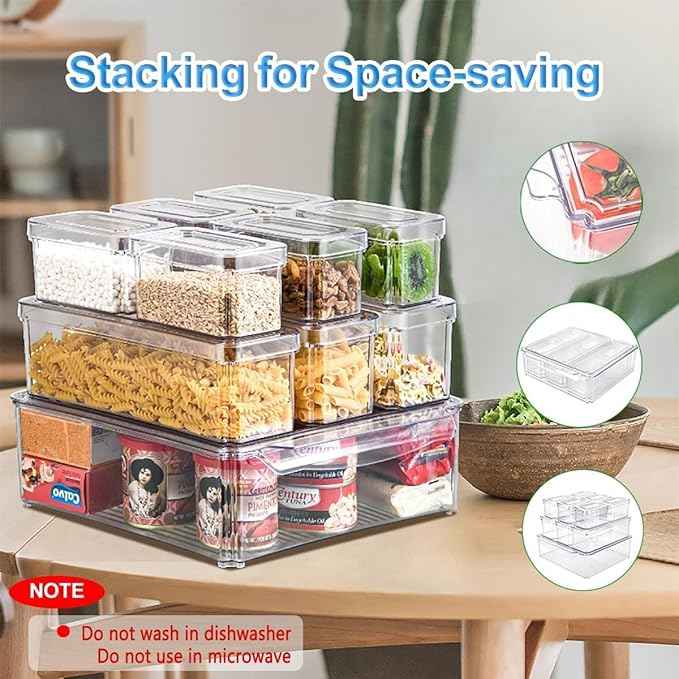 Pure Future 10-Pack Clear Fridge Organizer Containers with Lids, Stackable BPA-Free Refrigerator & Produce Storage Containers with Drain Tray & Anti-Slip Base for Fruits, Veggies & Drinks