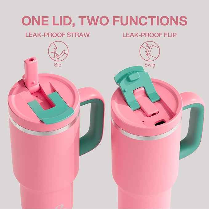 ENCOOL 32 oz Tumbler with Handle and Straw: Stainless Steel Insulated Tumbler Keeps Cold for 24 Hours, Leakproof Travel Cup Fits in Cup Holder and BPA-Free,Tulip
