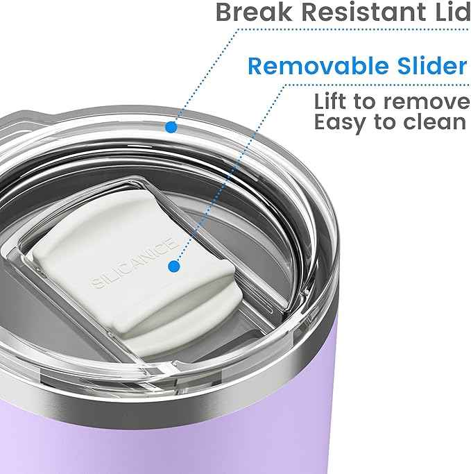 20oz Hygienic Stainless Steel Vacuum Insulated Tumbler w/ Easy-On/Easy-Off Lid - Removable slider, Double Wall 18/8 Travel Mug, BPA-Free, Fits Cup Holders, Premium Quality, Smart Value - Lilac
