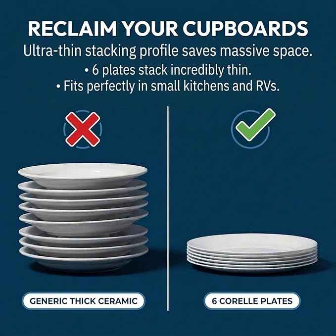Corelle Vitrelle 6-Piece Salad Plates Set Triple Layer Glass and Chip Resistant, 8-1/2-Inch Lightweight Round Plates, Winter Frost White
