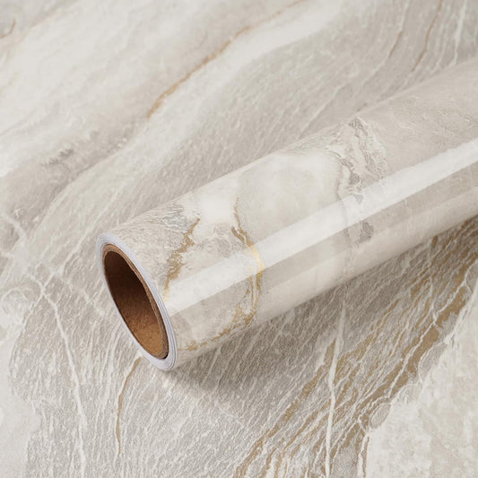 VEELIKE Wide 32''x354'' Beige Gold Marble Contact Paper for Countertops Peel and Stick Waterproof Countertop Vinyl Wallpaper for Kitchen Bathroom Glossy Marble Wallpaper Peel and Stick for Walls Table