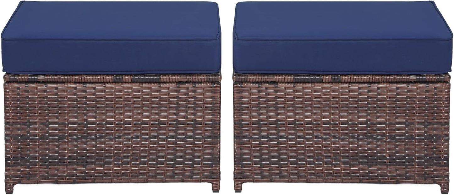 Outdoor Ottoman Rattan Footstool - Patio Ottomans with Removable Cushion, All-Weather PE Wicker & Steel Frame for Poolside, Garden Outdoor Furniture,23.6 x 21.7 x 17.8 inches, Brown