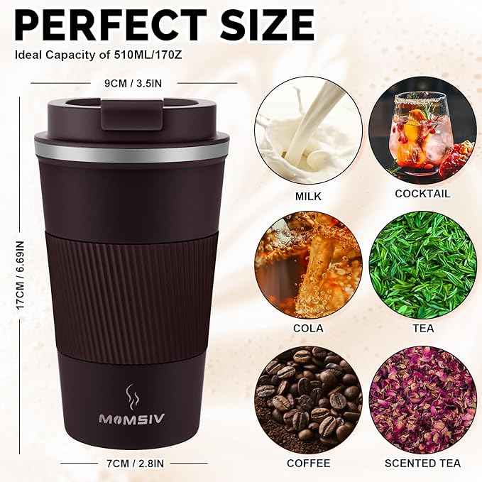 MOMSIV 17oz Travel Mug, Insulated Coffee Cup with Leakproof Lid, Vacuum Stainless Steel Double Walled Reusable Tumbler for Hot and Cold Water Coffee and Tea In Travel and Car