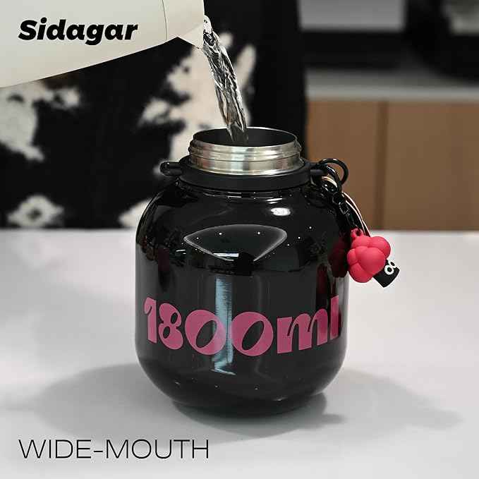60 oz Big Gallon Water Bottle with Straw and Carry Handle, Black Wide Mouth Vacuum Water Jug, Insulated Stainless Steel Bottles; Heavy-Duty Aesthetic Yoga Flask for Women, Sweet & Cool Black