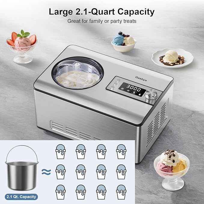 Gasbye Ice Cream Maker with Upgraded Compressor, [40% Faster Freezing], No Pre-Freezing Needed, LED Display, 2.1 Qt Capacity, Easy Operation for Ice Cream & Yogurt, Stainless Steel
