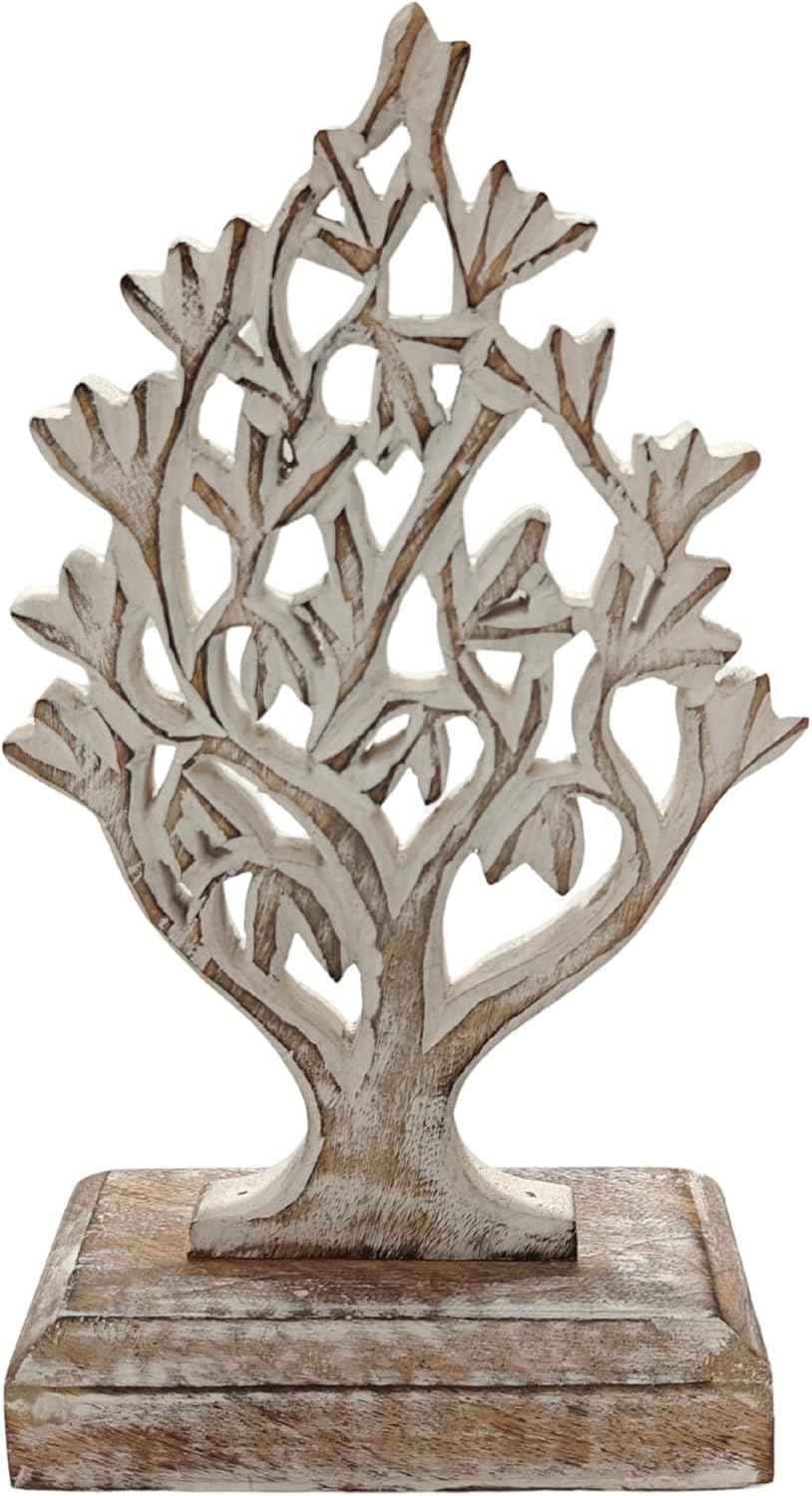 VANIYA CRAFTS® Rustic Wooden Tree Shape Table Sculpture – Handmade Carved Home Decor Accent for Living Room, Bedroom, Entryway, or Office (Antique White Finish)