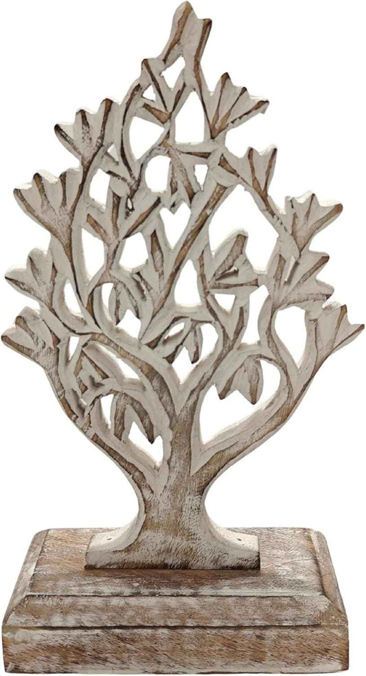 VANIYA CRAFTS® Rustic Wooden Tree Shape Table Sculpture – Handmade Carved Home Decor Accent for Living Room, Bedroom, Entryway, or Office (Antique White Finish)
