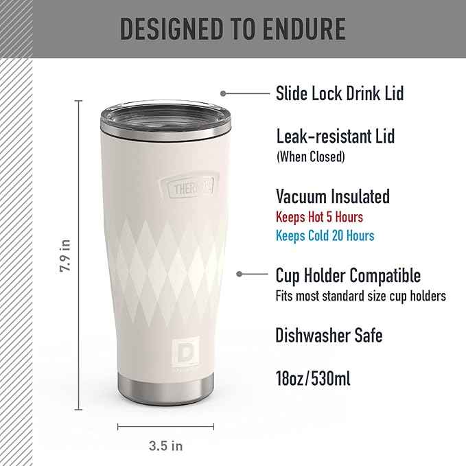 THERMOS, Stainless Steel Tumbler with Slide Lock, 18 Ounce, Argyle