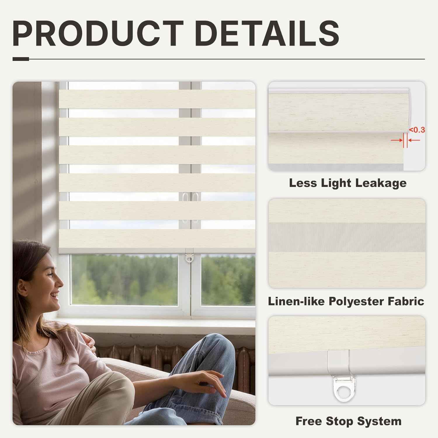 HESTIA Cordless Light Filtering Zebra Shades for Windows, Day Night Dual-Layer Natural Linen Woven Fabric Roller Shades, Privacy Light Control for Living Room/Home Office, Linen, 34" W x 54" H