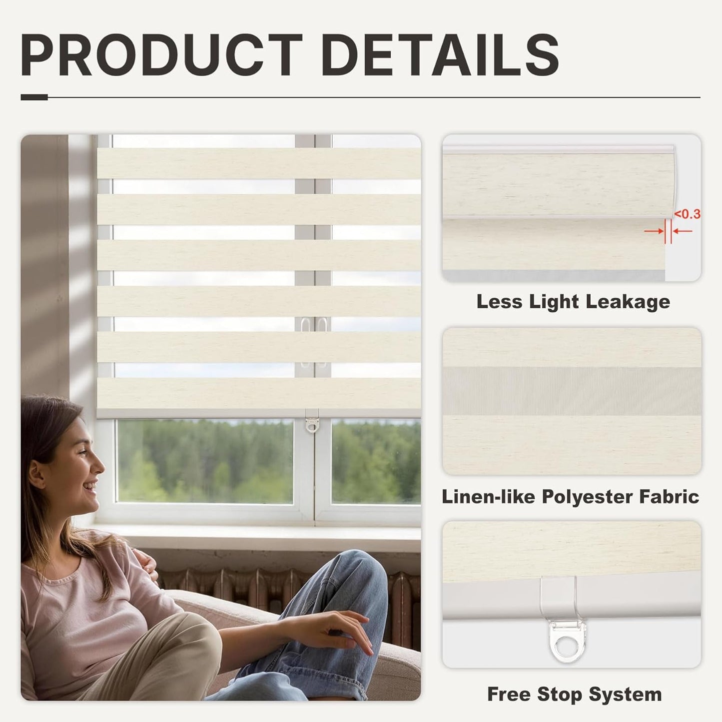 HESTIA Cordless Light Filtering Zebra Shades for Windows, Day Night Dual-Layer Natural Linen Woven Fabric Roller Shades, Privacy Light Control for Living Room/Home Office, Linen, 46" W x 72" H