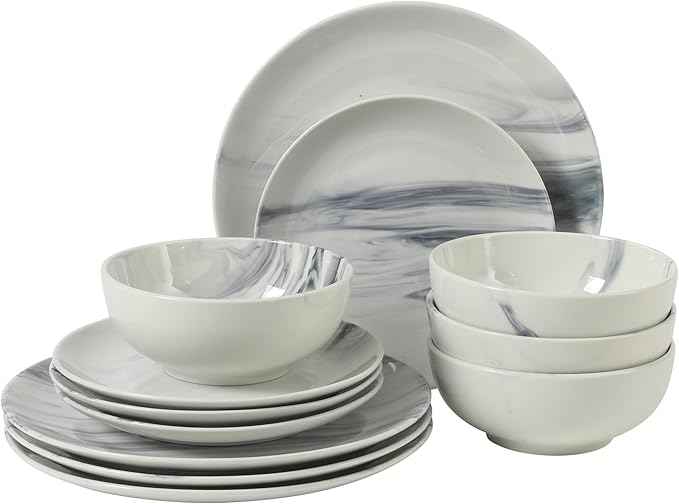 Gibson Home Cloudlight 12 Piece Plates and Bowls Dishes Blue and White - Decorated Porcelain Ceramic Dinnerware Set - Service for 4
