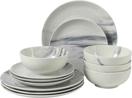 Gibson Home Cloudlight 12 Piece Plates and Bowls Dishes Blue and White - Decorated Porcelain Ceramic Dinnerware Set - Service for 4