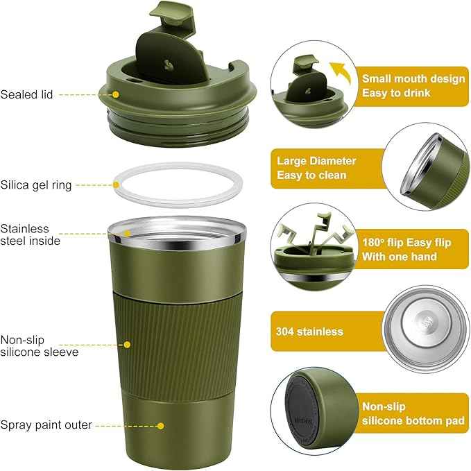 YINJAM 12oz Travel Coffee Mug Insulated Coffee Cups to Go with Leakproof Lid Vacuum Stainless Steel Double Walled Thermal Car Coffee Tumbler for Hot Cold Iced Tea Drinks Reusable (Green, 12oz)