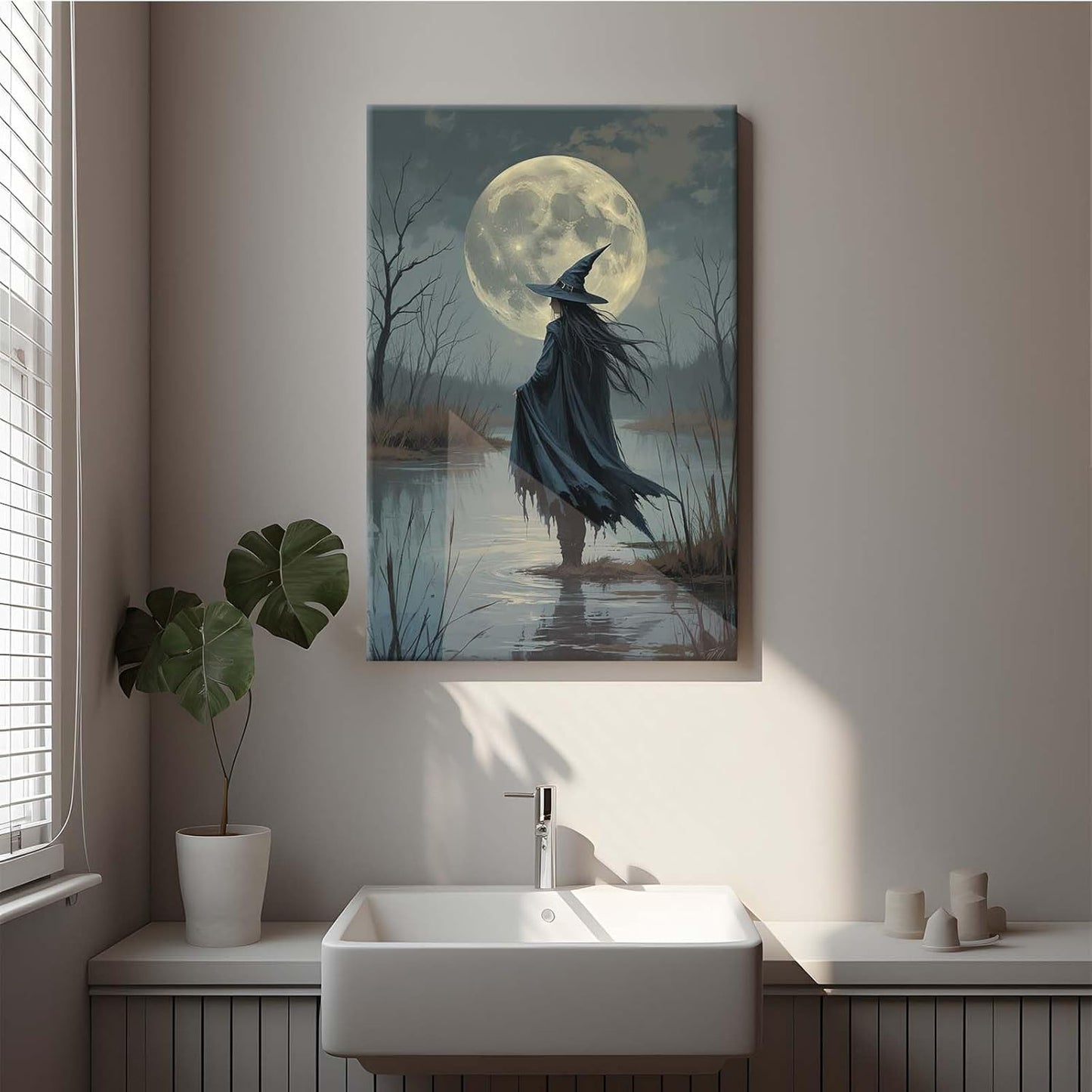 Witch in the moonlight magic canvas wall art enchanting Halloween home decor swamp witch silhouette oil painting mysterious gothic aesthetic wall decor print poster16x24in Wood Framed