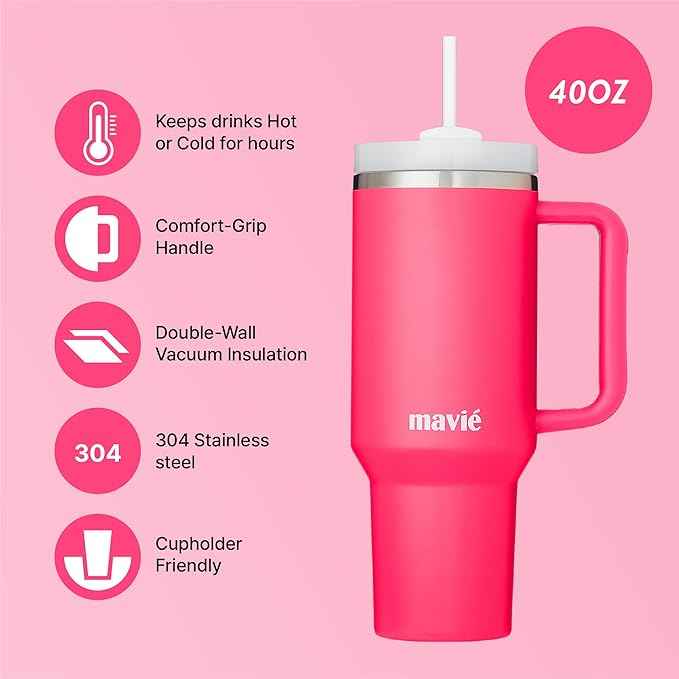 40oz Tumbler With Handle & Straw, Vacuum Insulated Stainless Steel Water Bottle With Leakproof Twist Sip Lid, Rubber Base, Dishwasher Safe, Cup Holder Friendly Travel Coffee Mug (Pink)