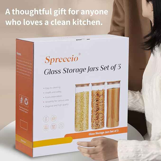 Glass Food Storage Jars with Lids 2.34 Qt [Set of 3], Perfect for Pasta, Cookies, Nuts, Coffee, Cereal, Flour, and More, Organize Your Kitchen and Pantry with these BPA-Free Glass Canisters
