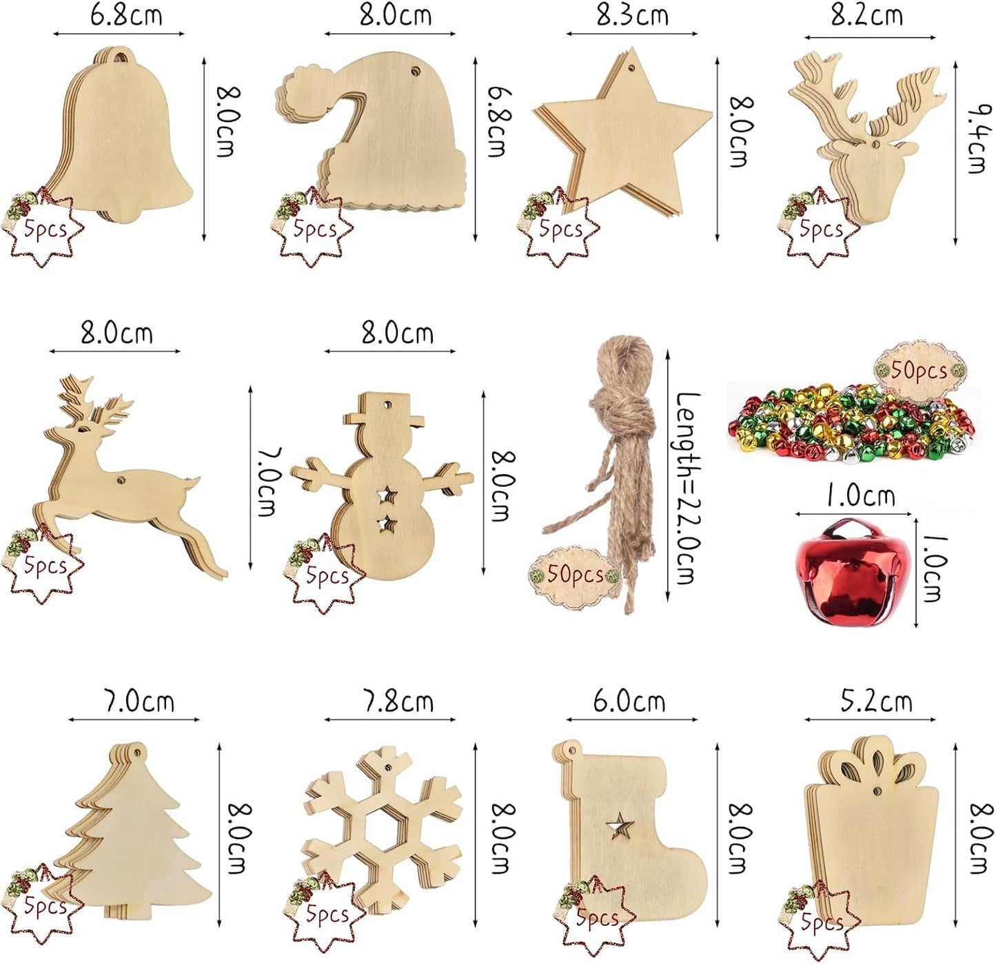 50pcs Christmas Wooden Ornaments for Crafts, 10 New Styles Unfinished Wood Slice Ornaments, Wooden Christmas Ornaments to Paint, Christmas Tree Hanging Ornaments Wood Christmas Decoration DIY Crafts