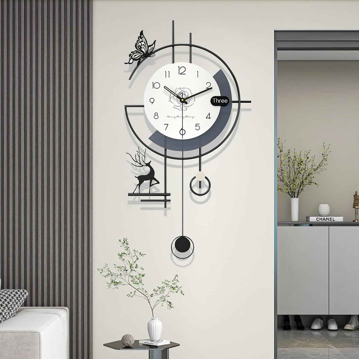 Modern Wall Clock, Large Wall Clocks for Living Room Decor, 3D Silent Clock Wall Decor, Battery Operated, Non Ticking Wall Clock for Bedroom Office Kitchen Decoration (Black White, 17.7X33.5 Inch)