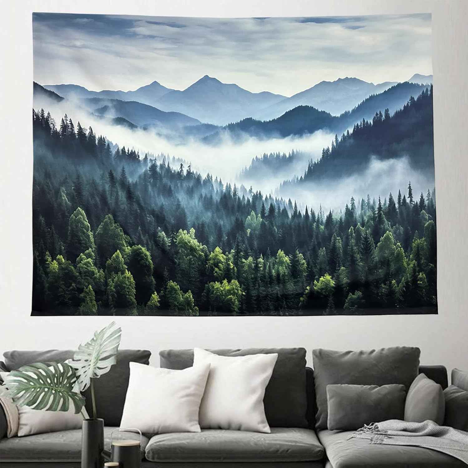 TUGCAY Misty Mountain Forest Tapestry Foggy Tree Tapestry Nature Scenery Landscape Wall Tapestries Aesthetic for Bedroom Living Room Dorm Office Decor 80 x 60 Inches