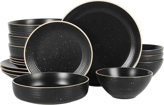 Gibson Home Dinah 16-Piece Matte Black Stoneware Dinnerware Set – Double Bowl, Embossed Speckled Design, Durable Kitchen Dinner Set