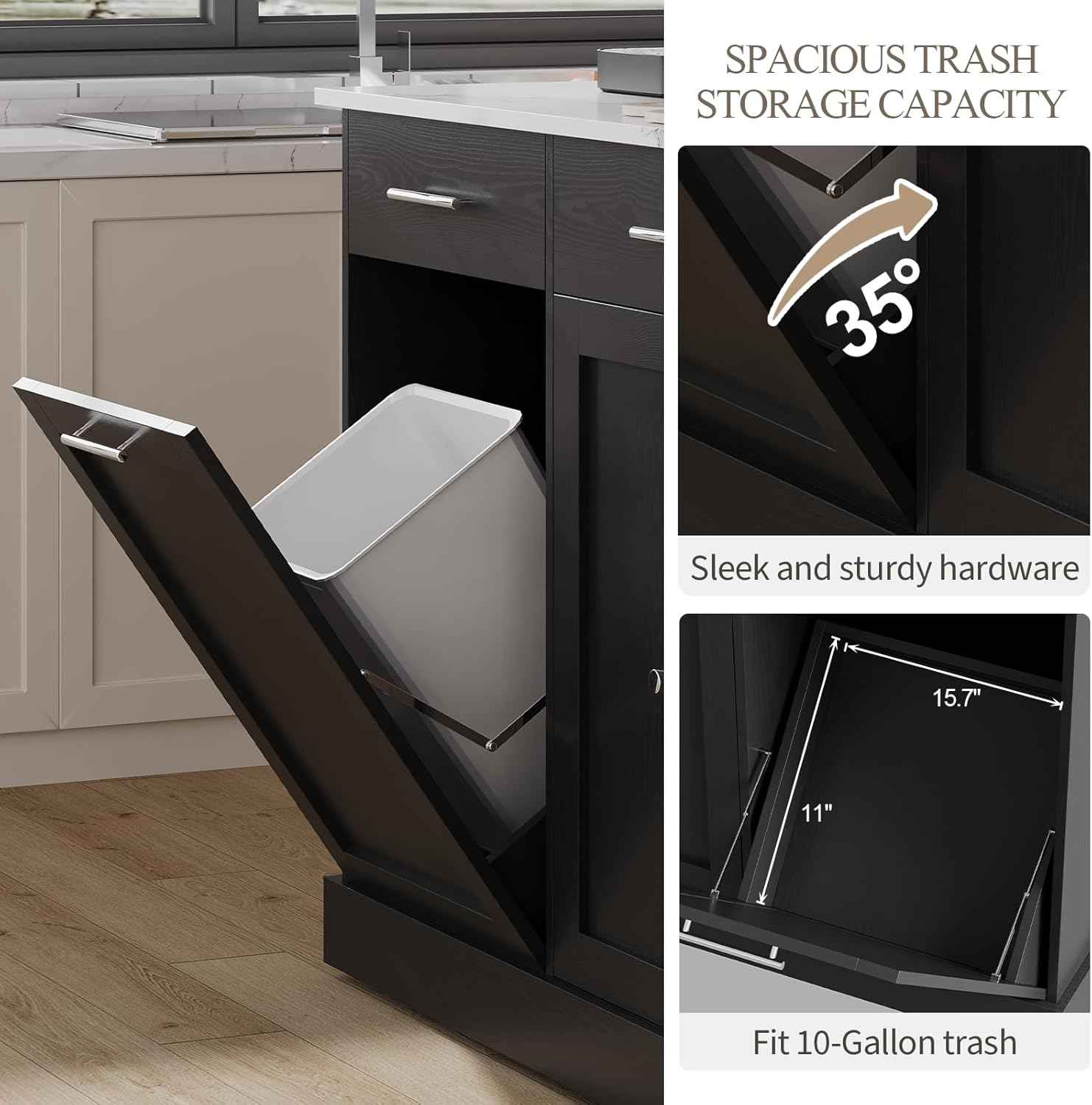 4 EVER WINNER Kitchen Island with Storage, Kitchen Island Cart on Wheels with Trash Can Cabinet, Spice Rack & Towel Rack, Kitchen Island Table with Faux Marble Countertop, Black