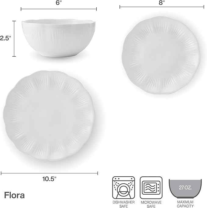 Mikasa Flora Scalloped Lightweight Chip Resistant Bone China 12 Piece Plate Bowl Dinnerware Set, Service for 4, White