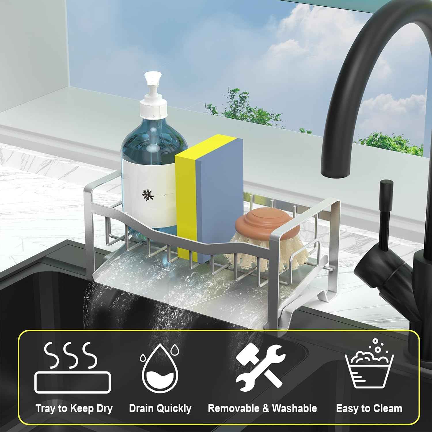 Maifan Kitchen Sink Caddy Organizer Sponge Holder for Kitchen Sink with Stainless Steel Auto Drain Tray, Self Drain Dish Soap Sponge Caddy Rack for Countertop Storage Gadgets Silver Grey