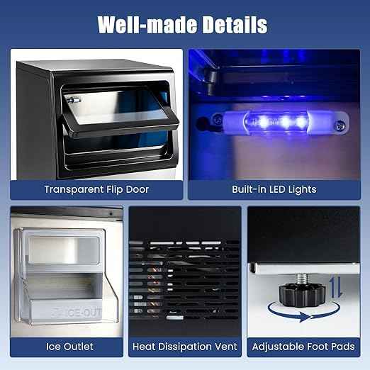 COSTWAY Commercial Nugget Ice Maker Machine, 90 Lbs/24H Chewable Pellet Ice, 10 Lbs Storage Bin, Self-Cleaning, Under Counter Soft Sonic Ice Machine for Office Kitchen Bar Cafe, Stainless Steel