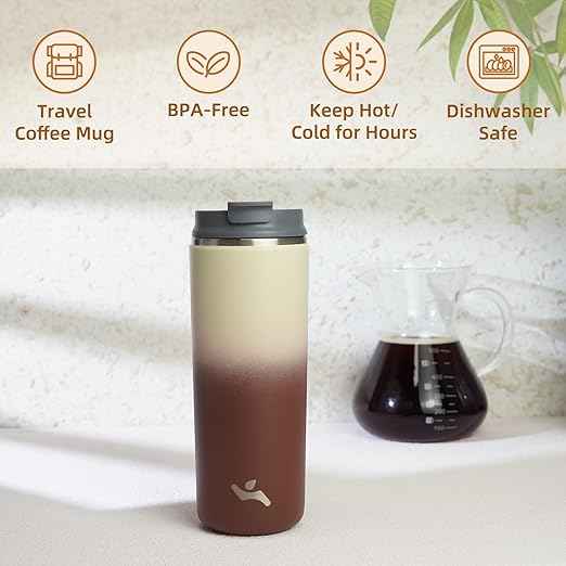 Konokyo Tumbler with Lid, 16 oz Travel Coffee Mug Double Wall Vacuum Stainless Steel Thermal Metal Cup Insulated Water Bottle,Latte
