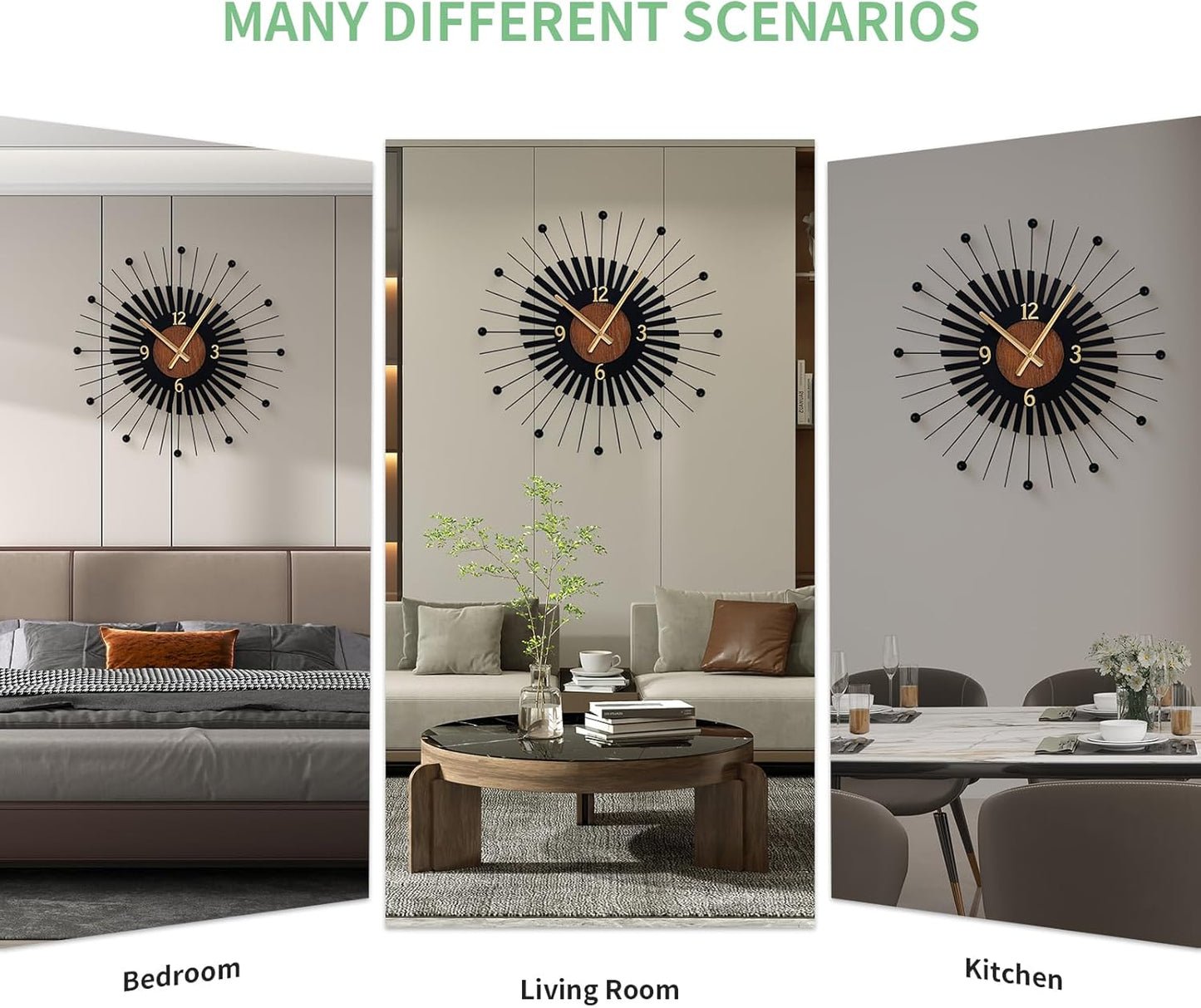 22 Inch Modern Sunburst Wall Clock Battery Operated, Black Metal Radiating Design with Walnut Wood Center, Silent Quartz Movement, Gold Hands – Decorative Clocks for Living Room, Office, Bedroom
