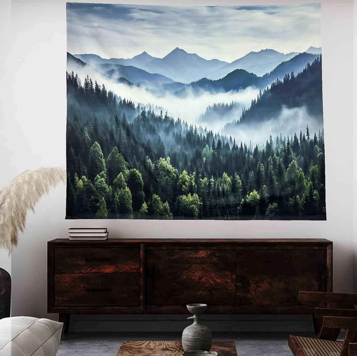 TUGCAY Misty Mountain Forest Tapestry Foggy Tree Tapestry Nature Scenery Landscape Wall Tapestries Aesthetic for Bedroom Living Room Dorm Office Decor 80 x 60 Inches