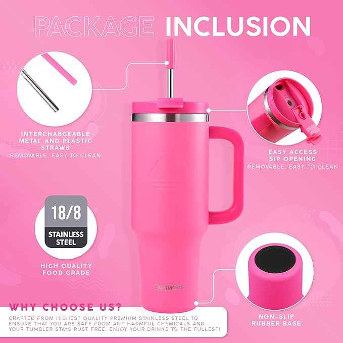 FAHRMOSIS 40 Oz Tumbler with Handle and Straw Insulated Cup that Fits in Cup Holder for Hot & Cold Drinks Leak Proof Tumbler with Straw Stainless Steel Travel Mug for Men & Women - Hot Pink