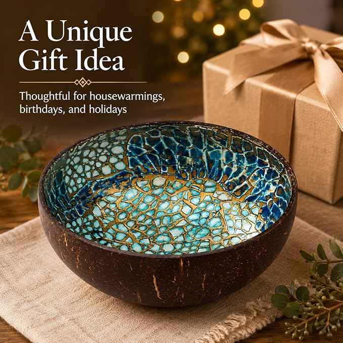 ChezMax Natural Coconut Bowl with Mother of Pearl Inlays - Key Bowl & Fruit Snack Holder (Blue-Gold)