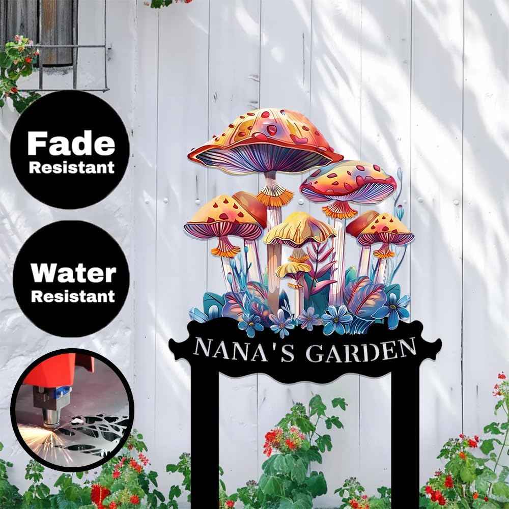 Custom Mushroom Garden Sign with Stake,Personalized Gardener Name Signs Yard Metal Art,Customized Gardening Housewarming Gifts Flowers Outdoor Decor,Butterfly Welcome Plaque for Outside Lawn Patio