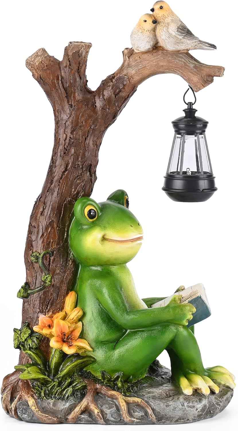 WENYLE Frog Figurine Garden Decor, Outdoor Resin Reading Frogs Statues with Solar Lantern, Funny Frog Solar Light Garden Statues Decoration for Patio Yard Lawn Porch Ornament