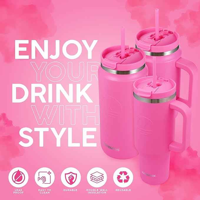 FAHRMOSIS 40 Oz Tumbler with Handle and Straw Insulated Cup that Fits in Cup Holder for Hot & Cold Drinks Leak Proof Tumbler with Straw Stainless Steel Travel Mug for Men & Women - Hot Pink
