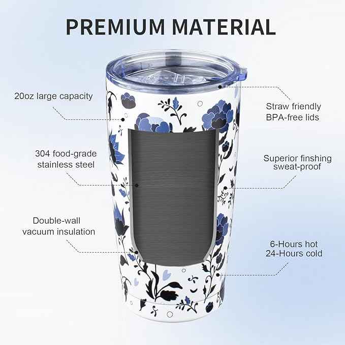20oz Tumbler with Lid and Straw Double Wall Powder Coated Vacuum Insulated Coffee Tumbler Stainless Steel Travel Coffee Mug Spill-Proof Thermal Cup for Hot and Cold Beverage,Blue and White Porcelain